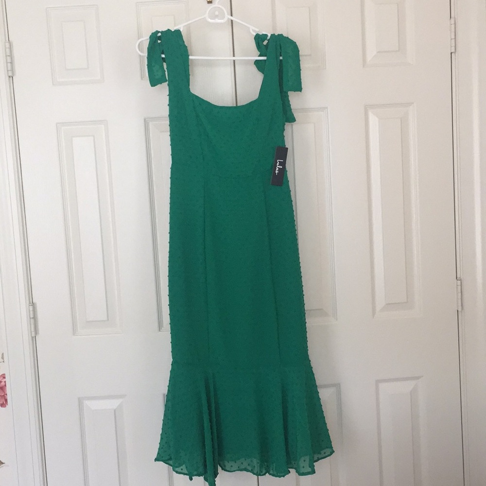 Bimini Green Swiss Dot Tie-Strap Midi Dress